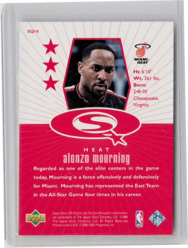 1998-99 UD Choice Alonzo Mourning #SQ14 Heat StarQuest Red - Image 3