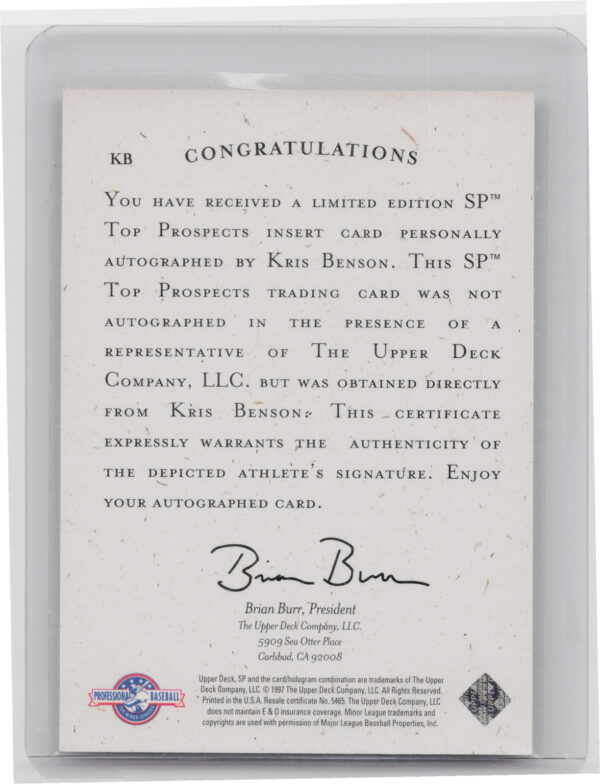 1998 SP Top Prospects Kris Benson AU #KB Mudcats Autographs - Image 3