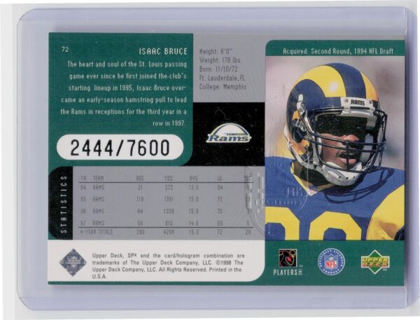1998 SPx Finite Isaac Bruce /7600 #72 Rams - Image 3