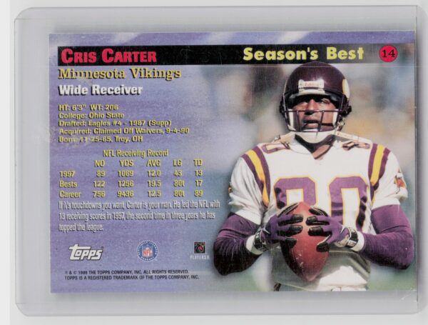 1998 Topps Cris Carter #14 Vikings Season's Best - Image 3