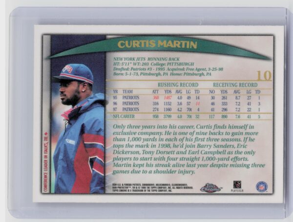 1998 Topps Curtis Martin #285 Jets - Image 3