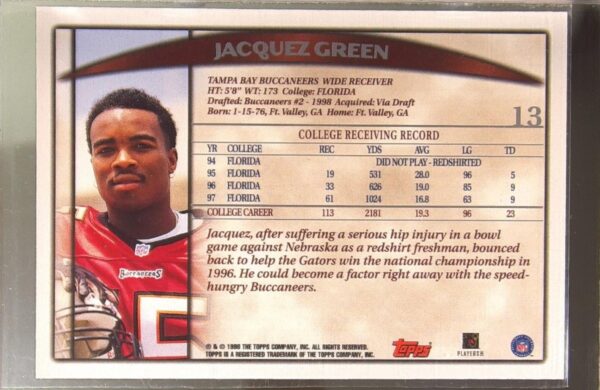 1998 Topps Season Opener Jacquez Green RC #13 Buccaneers - Image 3