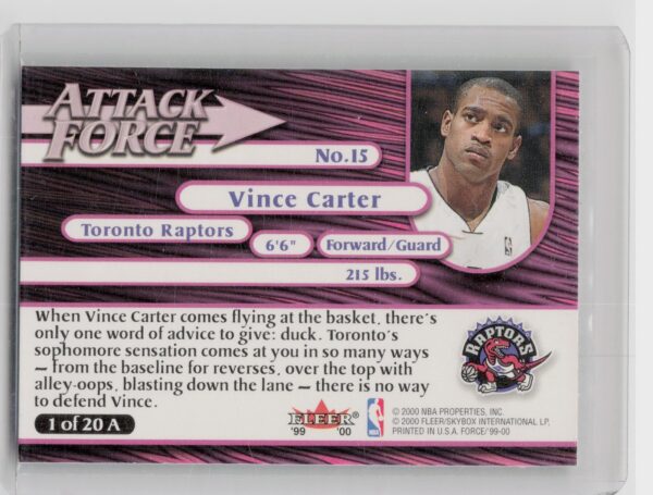 1999-00 Fleer Force Vince Carter #15 Raptors Attack Force - Image 3