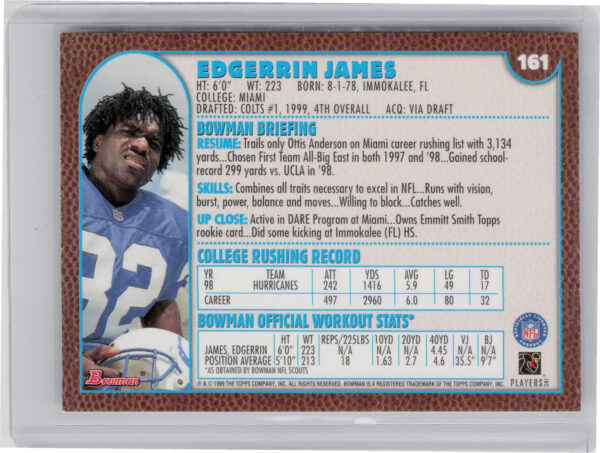 1999 Bowman Edgerrin James RC #161 Colts - Image 3
