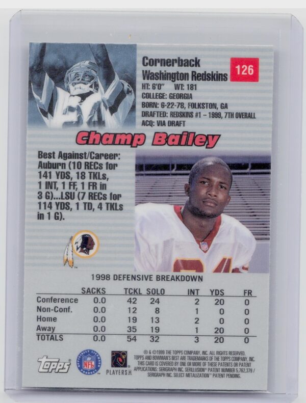 1999 Bowman's Best Champ Bailey RC #126 Redskins - Image 3