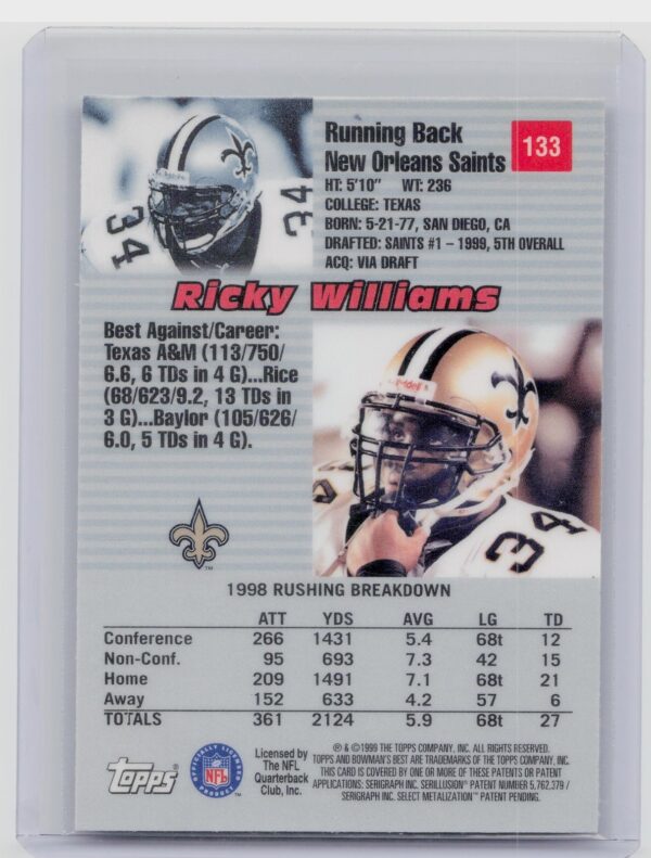 1999 Bowman's Best Ricky Williams RC #133 Saints - Image 3