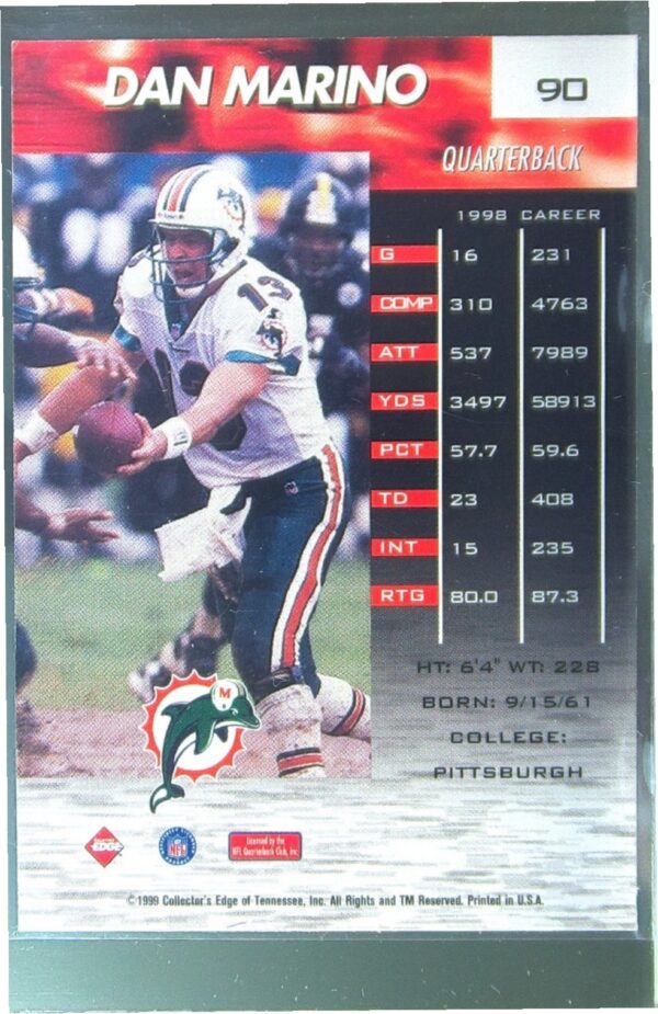 1999 Collector's Edge Fury Dan Marino Gold Ingot #90 Dolphins - Image 3