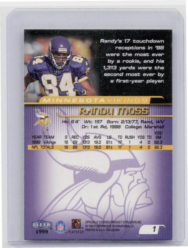 1999 Fleer Focus Randy Moss #1 Vikings - Image 3