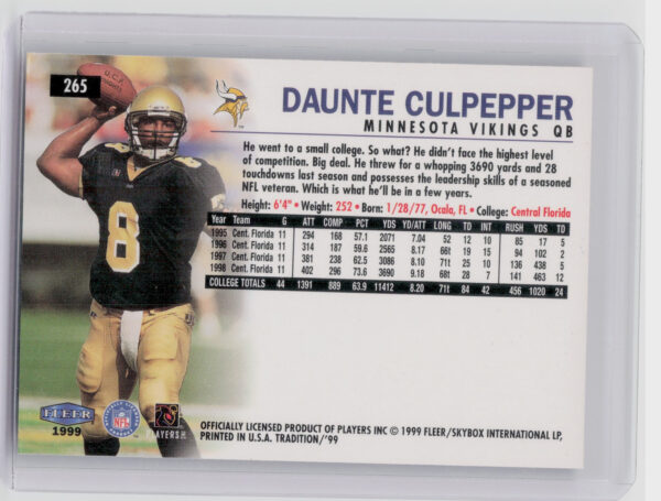 1999 Fleer Tradition Daunte Culpepper RC #265 Vikings - Image 3