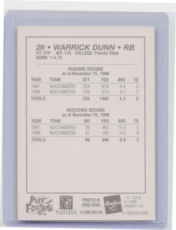 1999 Hasbro Starting Lineup Cards Warrick Dunn #558124.0000 Buccaneers - Image 3