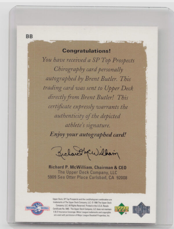 1999 SP Top Prospects Brent Butler AU #BB Cannons Chirography - Image 3