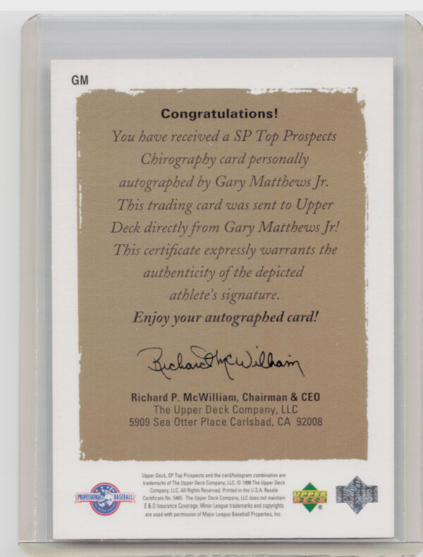 1999 SP Top Prospects Gary Matthews Jr. AU #GM BayBears Chirography - Image 3