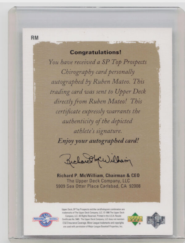 1999 SP Top Prospects Ruben Mateo AU #RM Drillers Chirography - Image 3