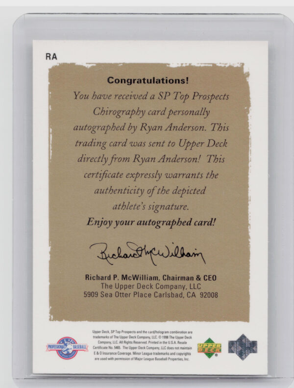1999 SP Top Prospects Ryan Anderson AU #RA Rattlers Chirography - Image 3