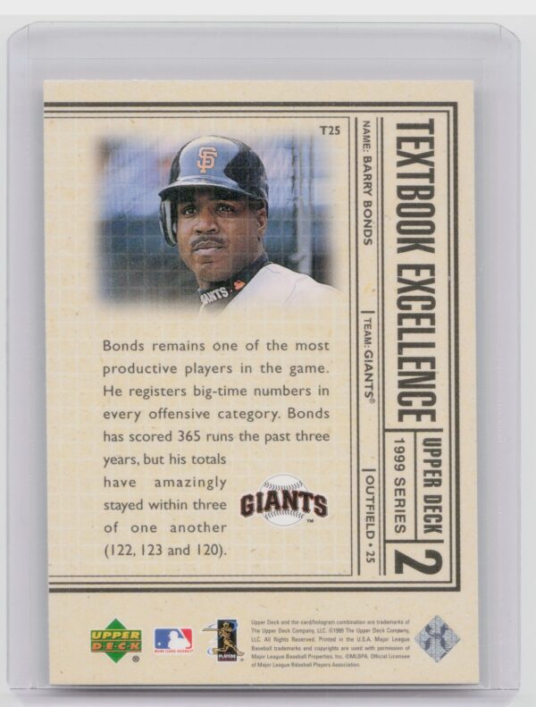 1999 Upper Deck Barry Bonds #T25 Giants Textbook Excellence - Image 3
