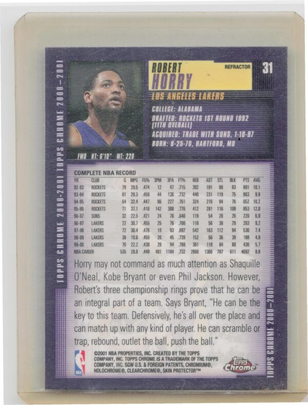 2000-01 Topps Robert Horry #46 Lakers - Image 3