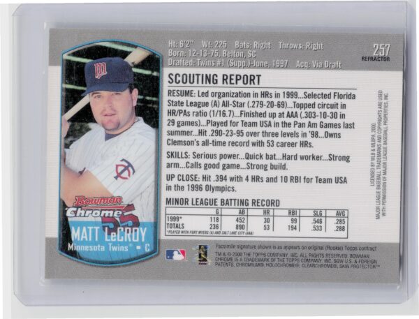 2000 Bowman Chrome Matt LeCroy Refractors #257 Twins - Image 3