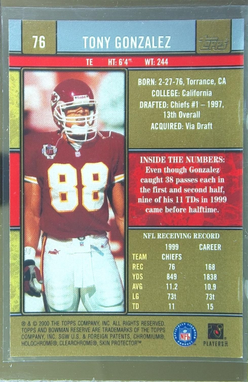 2000 Bowman Reserve Tony Gonzalez #76 Chiefs - Image 3