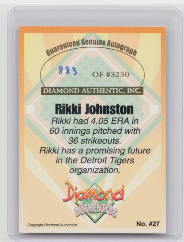 2000 Diamond Authentics Autographs Rikki Johnston AU SN3250 #27 Tigers - Image 3