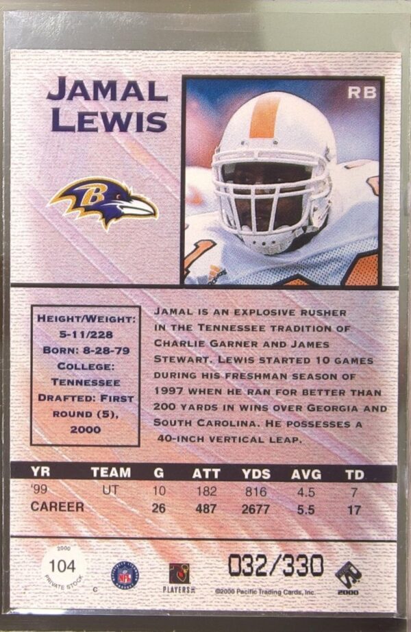 2000 Pacific Private Stock Jamal Lewis Silver /330 RC #104 Ravens - Image 3