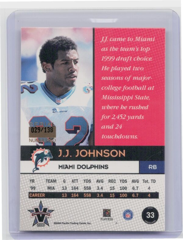 2000 Pacific Vanguard J.J. Johnson Purple /138 #33 Dolphins - Image 3