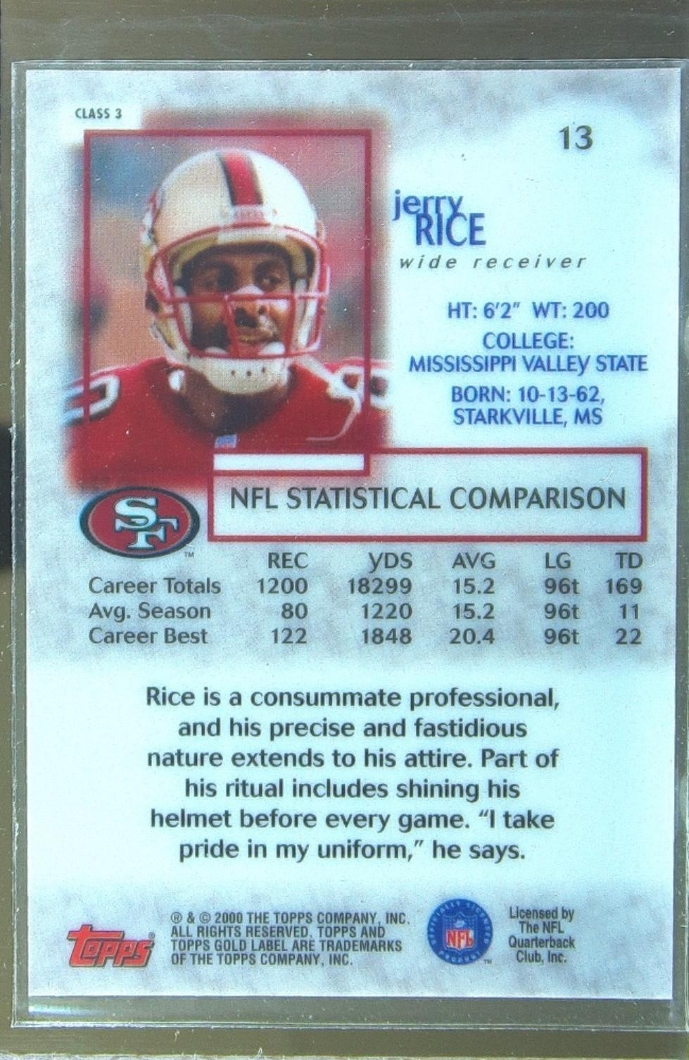 2000 Topps Gold Label Jerry Rice Class 3 #13 49ers - Image 3