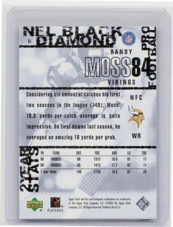 2000 UD Black Diamond Randy Moss #61 Vikings - Image 3