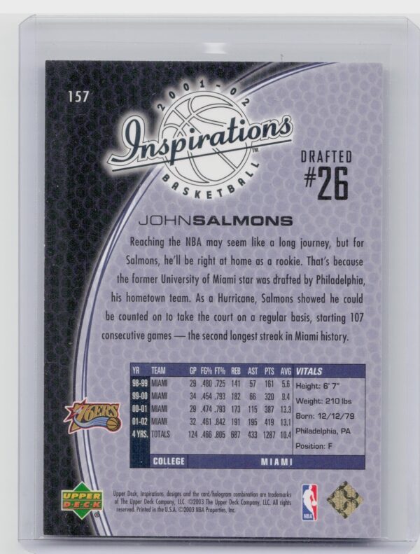 2001-02 Upper Deck Inspirations John Salmons SN2699 #157 76ers - Image 3
