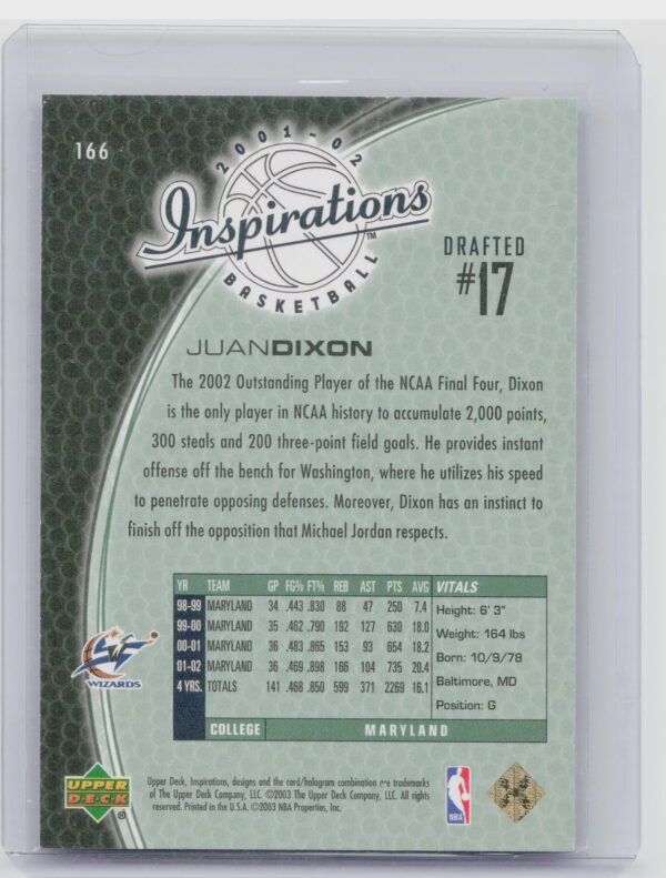 2001-02 Upper Deck Inspirations Juan Dixon SN1999 #166 Wizards - Image 3
