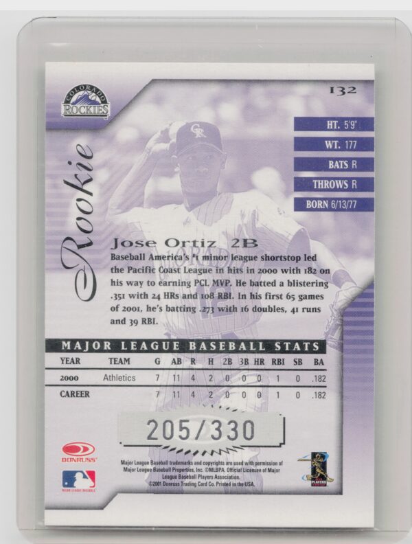 2001 Donruss Signature Jose Ortiz AU SN330 #132 Rockies - Image 3