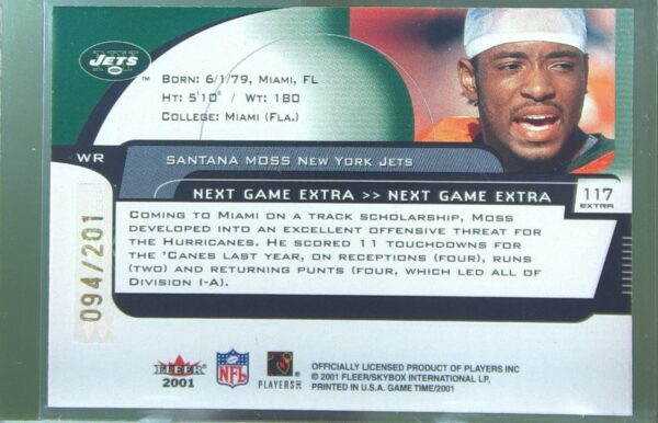 2001 Fleer Game Time Santana Moss Extra #117 Jets - Image 3