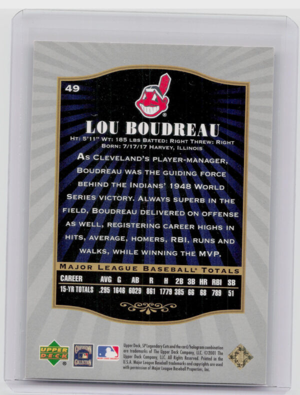 2001 SP Legendary Cuts Lou Boudreau #49 Indians - Image 3