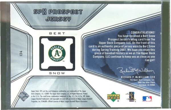 2001 SPx Bert Snow RC JSY #134 Athletics - Image 3