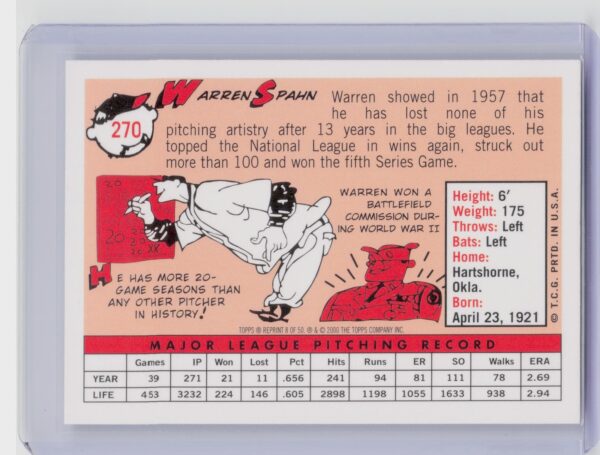 2001 Topps Warren Spahn #8 Braves Through the Years Reprints - Image 3