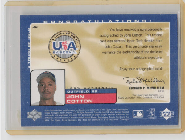 2001 Upper Deck Rookie Update John Cotton AU SN500 #JC USA USA Touch of Gold Aut - Image 3