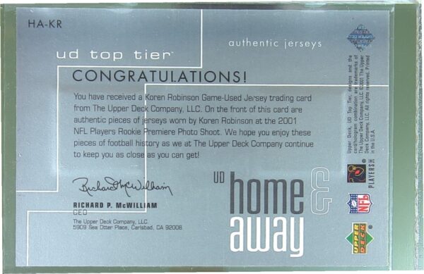 2001 Upper Deck Top Tier Koren Robinson JSY #HA-KR Seahawks Home and Away - Image 3