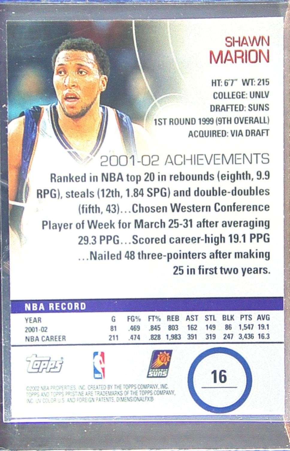 2002-03 Topps Pristine Shawn Marion #16 Suns - Image 3