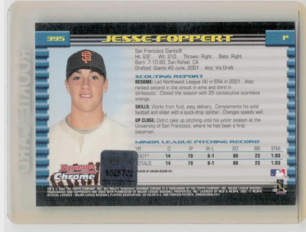 2002 Bowman Chrome Jesse Foppert AU RC #395 Giants - Image 3