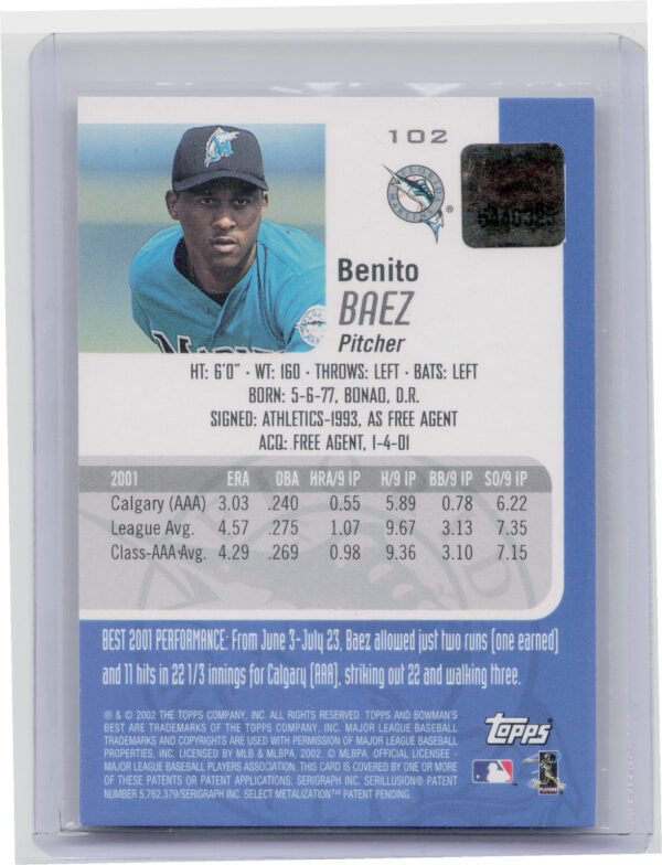 2002 Bowman's Best Benito Baez Red AU #102 Marlins - Image 3