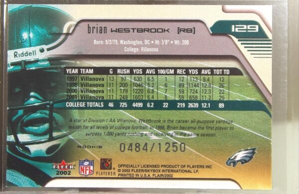 2002 Flair Brian Westbrook /1250 RC #129 Eagles - Image 3