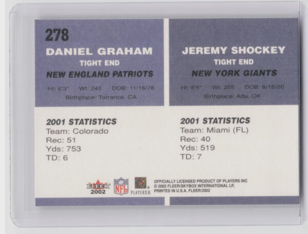 2002 Fleer Daniel Graham / Jeremy Shockey RC #278 Giants - Image 3
