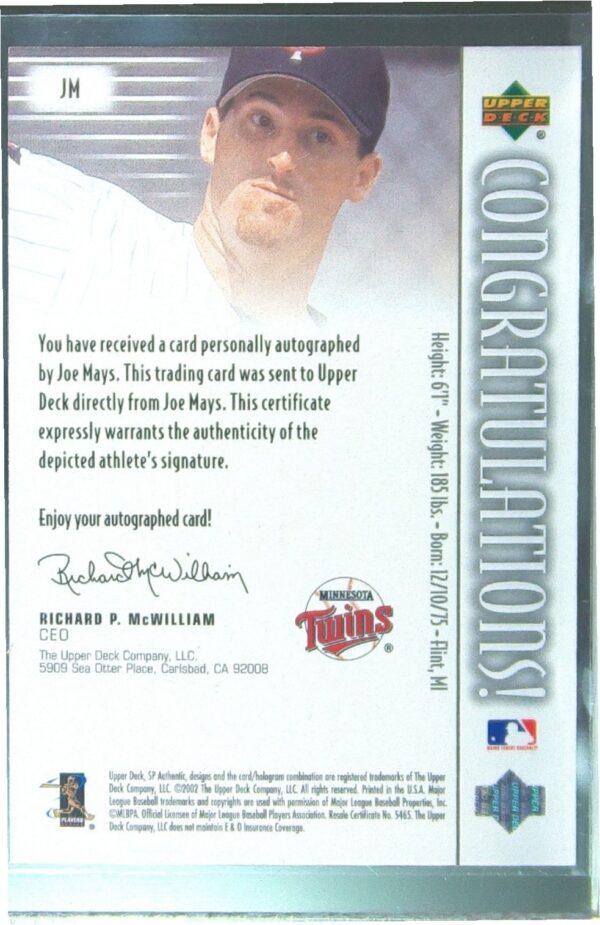 2002 SP Authentic Joe Mays /469 Auto #JM Twins Chirography - Image 3
