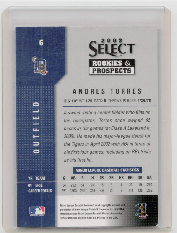 2002 Select Rookies & Prospects Andres Torres AU #6 Tigers