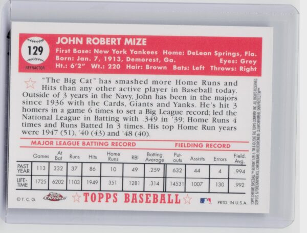 2002 Topps Chrome Johnny Mize #52R-5 Yankees 1952 Reprints Refractors - Image 3