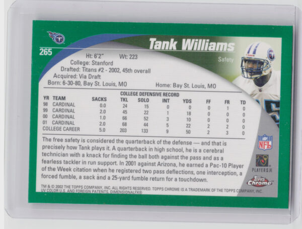 2002 Topps Chrome Tank Williams RC #265 Titans - Image 3