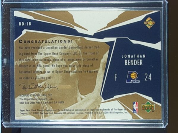 2003-04 UD Black Diamond jonathan bender /100 JSY #BD-JB Pacers Single Diamond - Image 3