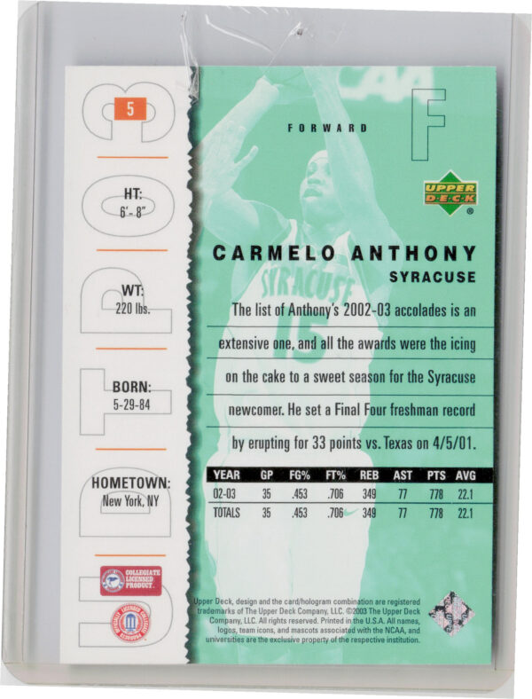 2003-04 UD Top Prospects Carmelo Anthony #5 Orangemen - Image 3