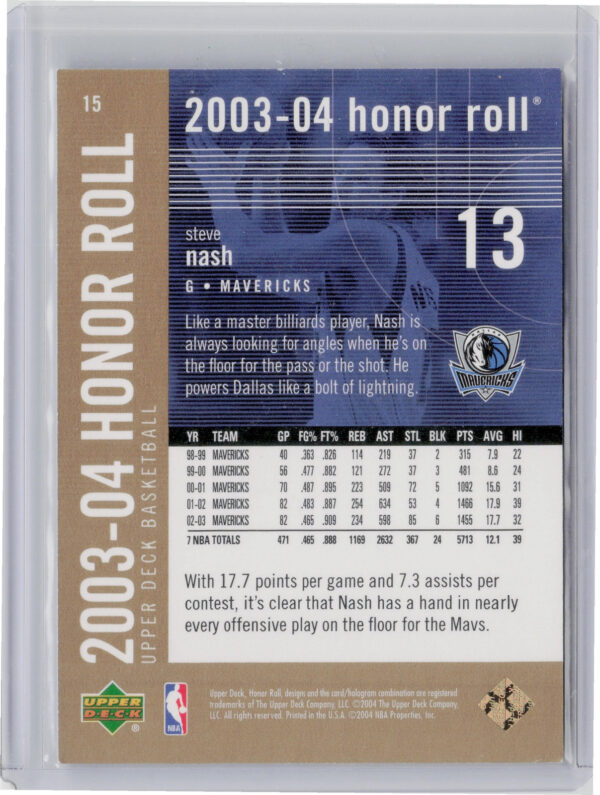 2003-04 Upper Deck Honor Roll Steve Nash Gold SN100 #15 Mavericks - Image 3