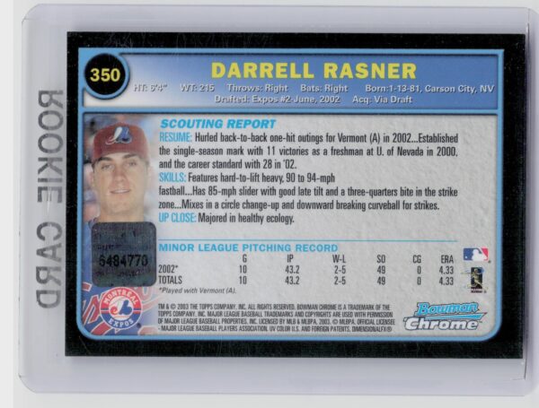 2003 Bowman Chrome Darrell Rasner AU RC #350 Expos - Image 3