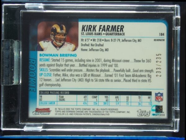 2003 Bowman Chrome Kirk Farmer Red Refractors SN235 #184 Rams - Image 3